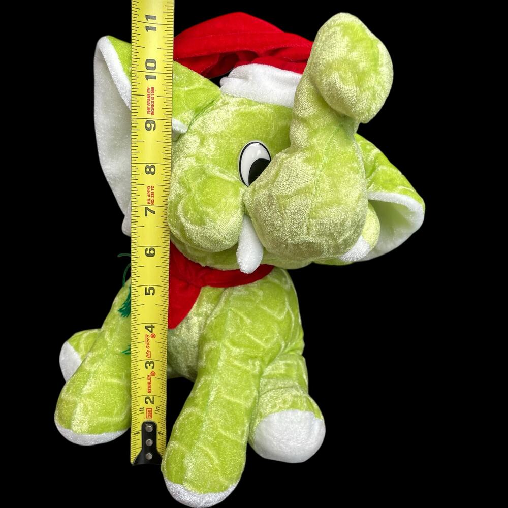 Christmas Elephant Plush Green Red Santa Hat Vintage Stuffed Animal Toy Bright